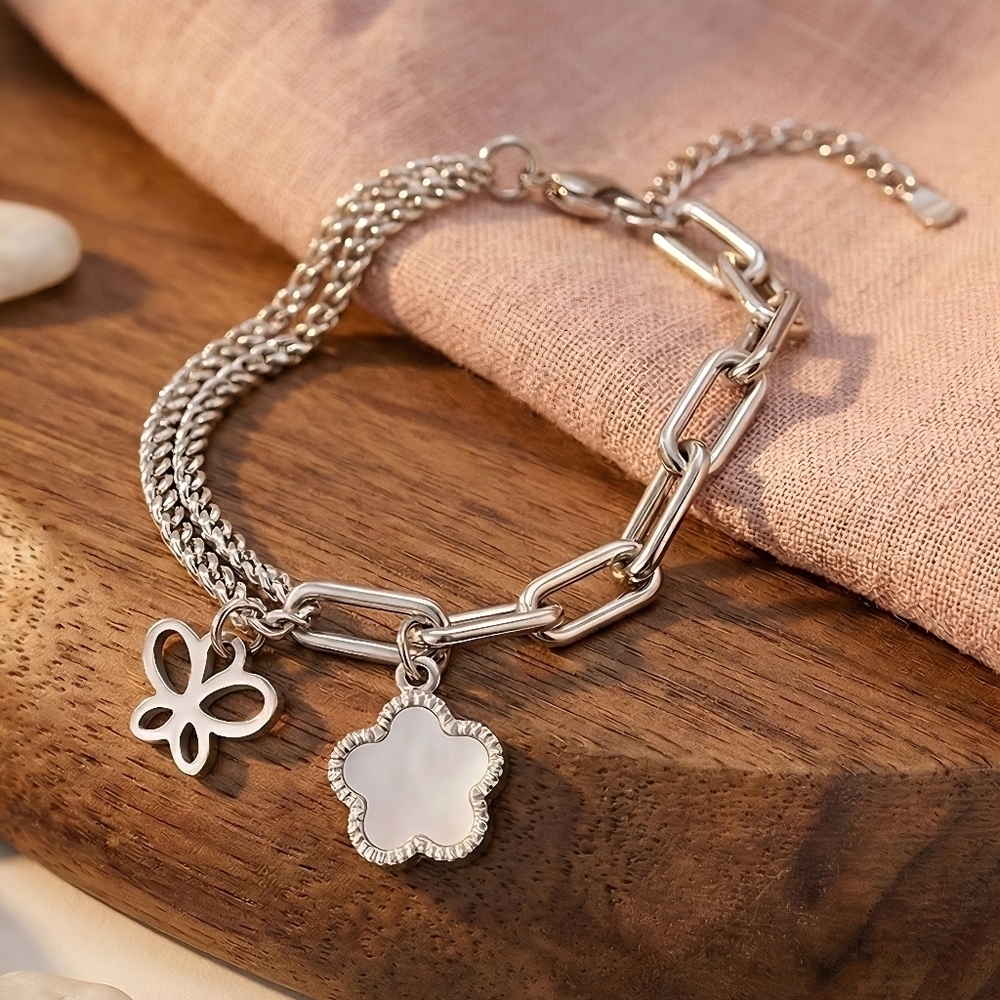 18K White Gold Plated Stainless Steel Butterfly Flower Charm Link Bracelet - Picture 5 of 11